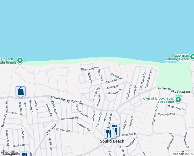 map of restaurants, bars, coffee shops, grocery stores, and more near 51 Queen Drive in Sound Beach