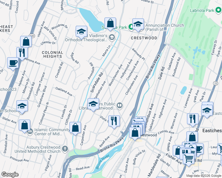map of restaurants, bars, coffee shops, grocery stores, and more near 135 Hollywood Avenue in Yonkers