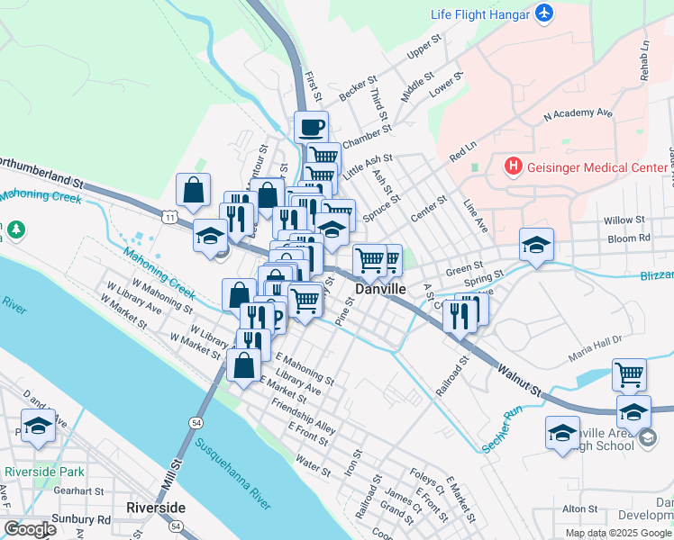 map of restaurants, bars, coffee shops, grocery stores, and more near 21 Lower Mulberry Street in Danville
