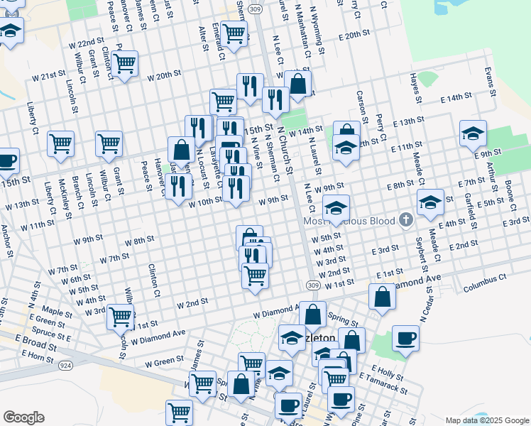 map of restaurants, bars, coffee shops, grocery stores, and more near 662 North Vine Street in Hazleton