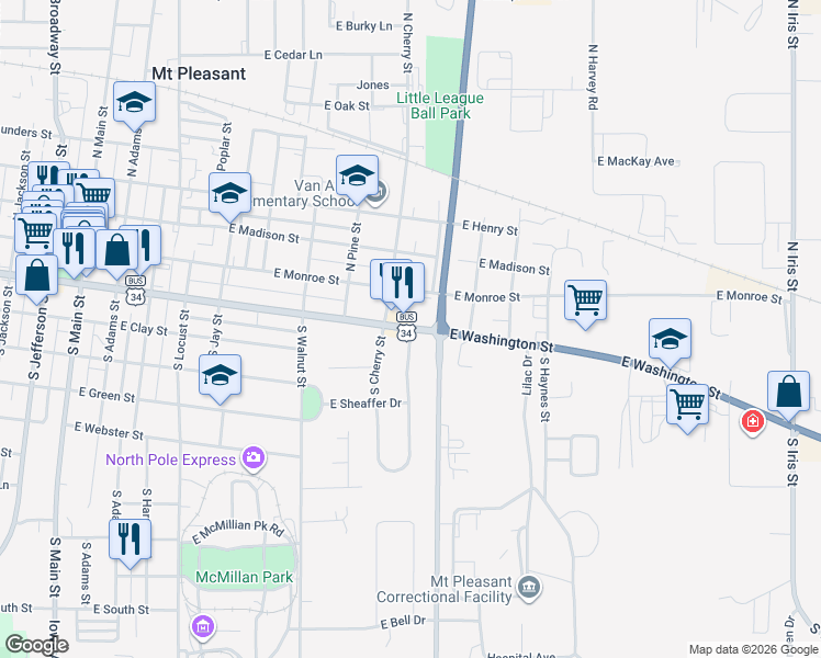 map of restaurants, bars, coffee shops, grocery stores, and more near 200 South Wilson Street in Mount Pleasant