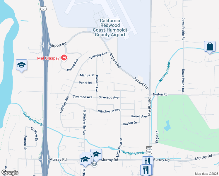 map of restaurants, bars, coffee shops, grocery stores, and more near 1321 Silverado Avenue in McKinleyville