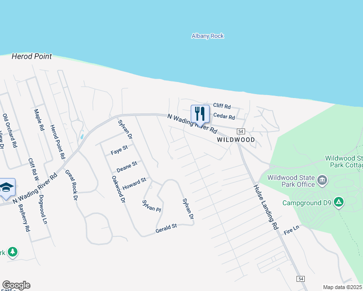 map of restaurants, bars, coffee shops, grocery stores, and more near 20 2 1/2 Street in Wading River