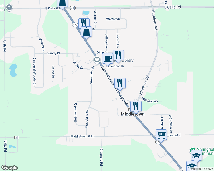 map of restaurants, bars, coffee shops, grocery stores, and more near 10580 Main Street in New Middletown