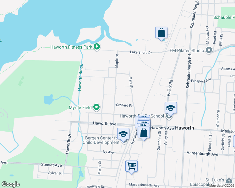 map of restaurants, bars, coffee shops, grocery stores, and more near 254 Maple Street in Haworth
