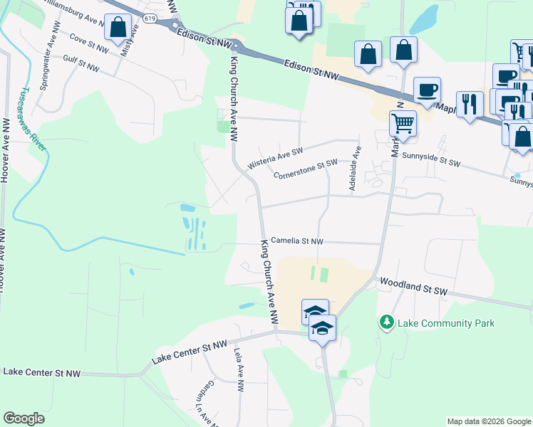 map of restaurants, bars, coffee shops, grocery stores, and more near 12125 King Church Avenue Northwest in Uniontown
