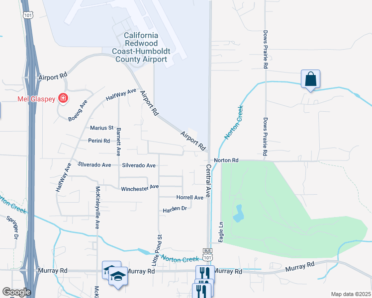 map of restaurants, bars, coffee shops, grocery stores, and more near 1524 Underwood Road in McKinleyville