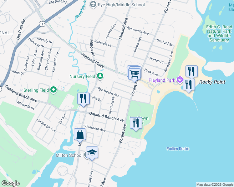 map of restaurants, bars, coffee shops, grocery stores, and more near 350 Rye Beach Avenue in Rye
