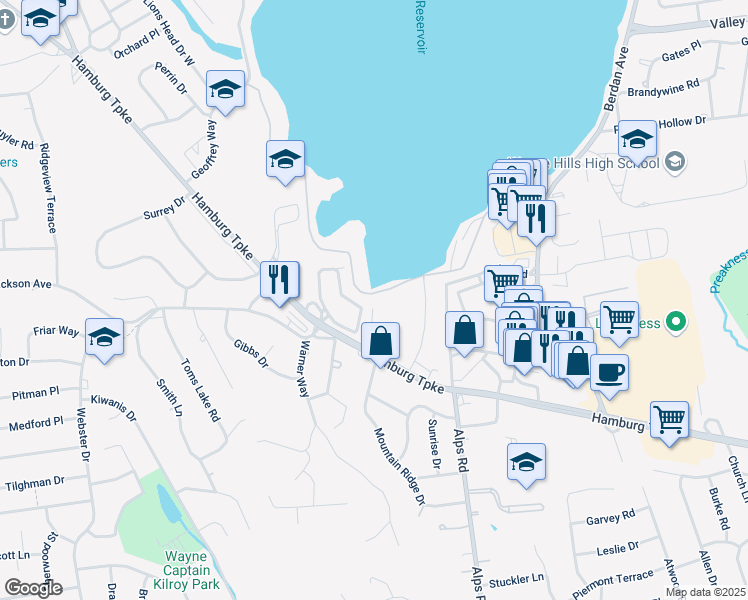 map of restaurants, bars, coffee shops, grocery stores, and more near 1360 Hamburg Turnpike in Wayne