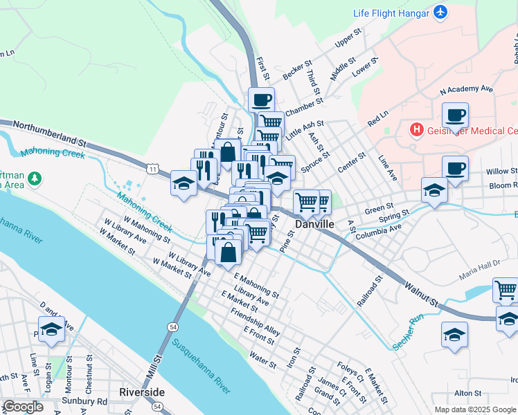 map of restaurants, bars, coffee shops, grocery stores, and more near 3 Bloom Street in Danville