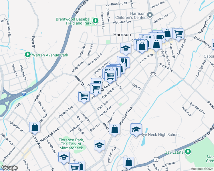 map of restaurants, bars, coffee shops, grocery stores, and more near 71 Halstead Avenue in Harrison