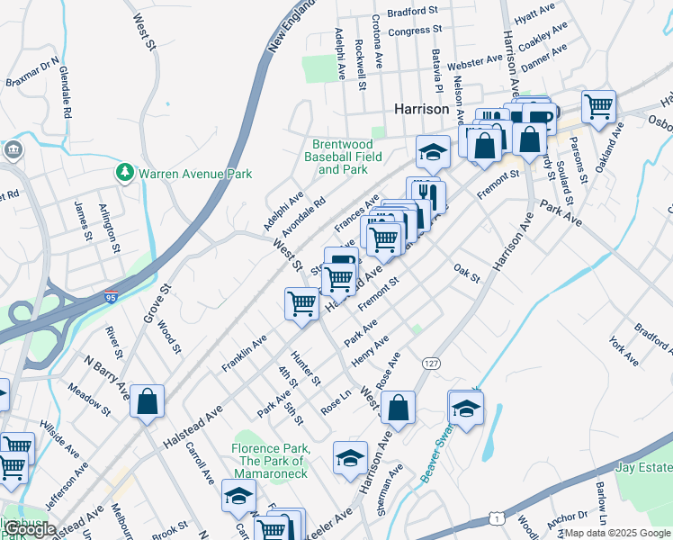 map of restaurants, bars, coffee shops, grocery stores, and more near 59 Franklin Avenue in Harrison