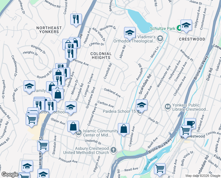 map of restaurants, bars, coffee shops, grocery stores, and more near 48 Oakland Avenue in Yonkers