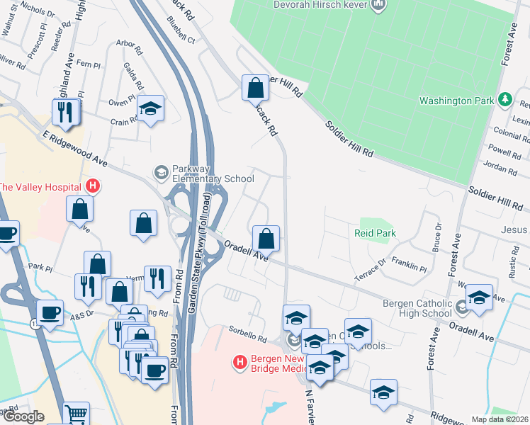 map of restaurants, bars, coffee shops, grocery stores, and more near 654 Swarthmore Lane in Paramus