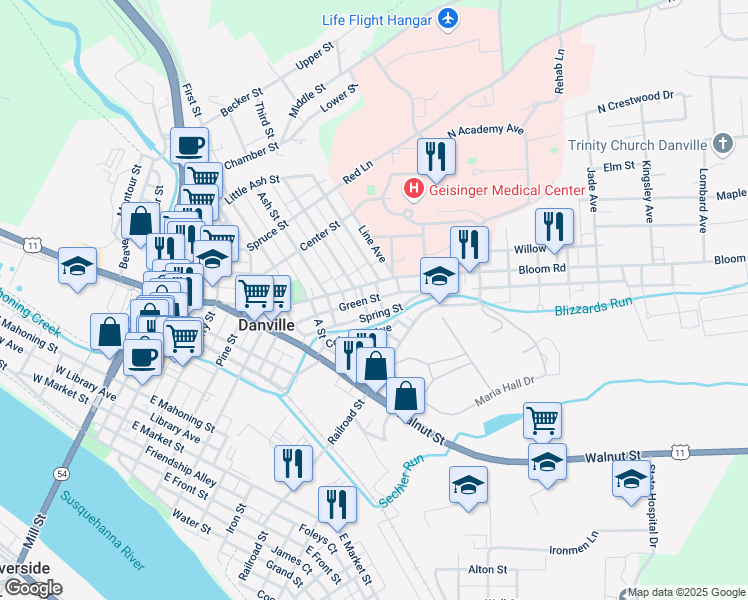 map of restaurants, bars, coffee shops, grocery stores, and more near 219 Columbia Avenue in Danville