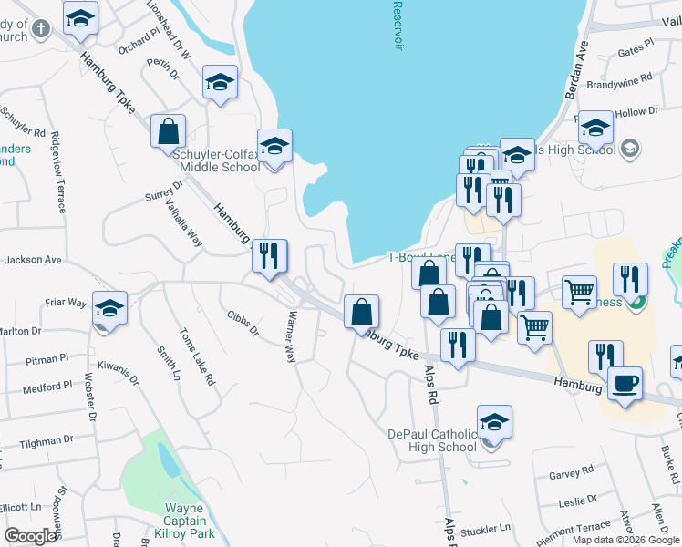 map of restaurants, bars, coffee shops, grocery stores, and more near 117 Levinberg Lane in Wayne