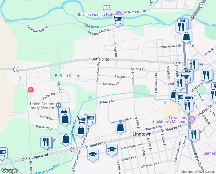 map of restaurants, bars, coffee shops, grocery stores, and more near 1670 Saint Mary Street in Lewisburg