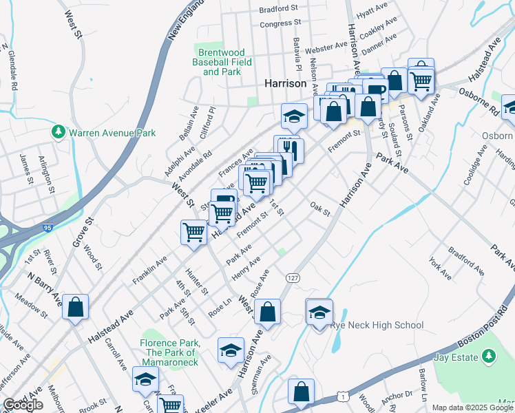 map of restaurants, bars, coffee shops, grocery stores, and more near 107 Halstead Avenue in Harrison
