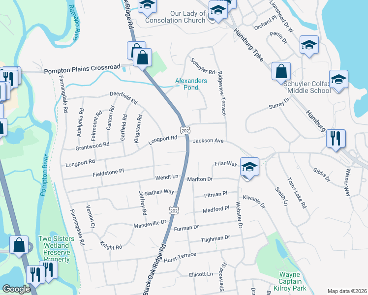 map of restaurants, bars, coffee shops, grocery stores, and more near 697 Black Oak Ridge Road in Wayne