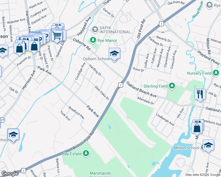 map of restaurants, bars, coffee shops, grocery stores, and more near 1 Walker Avenue in Rye