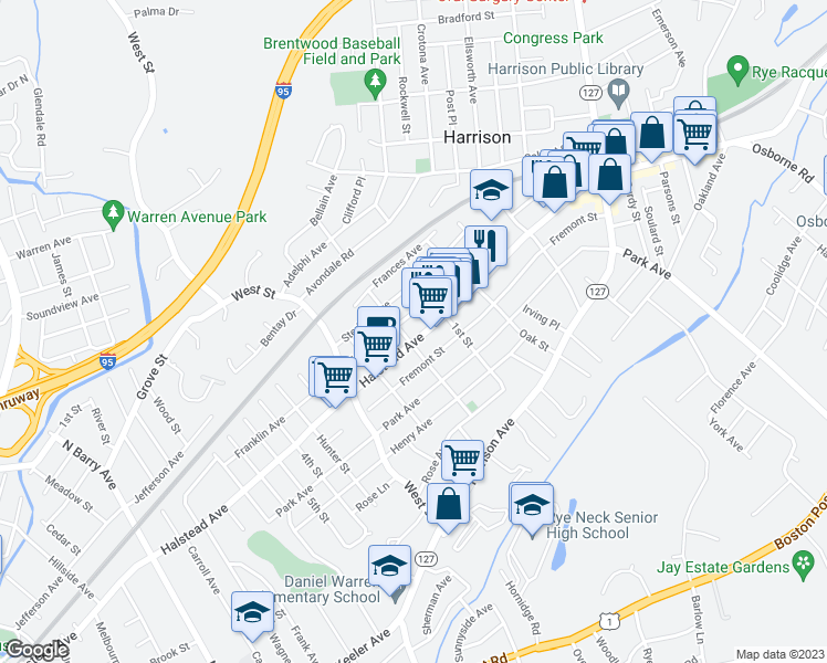map of restaurants, bars, coffee shops, grocery stores, and more near 100 Franklin Avenue in Harrison