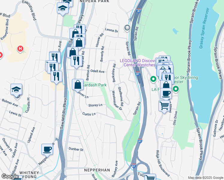 map of restaurants, bars, coffee shops, grocery stores, and more near 120 Westminster Drive in Yonkers