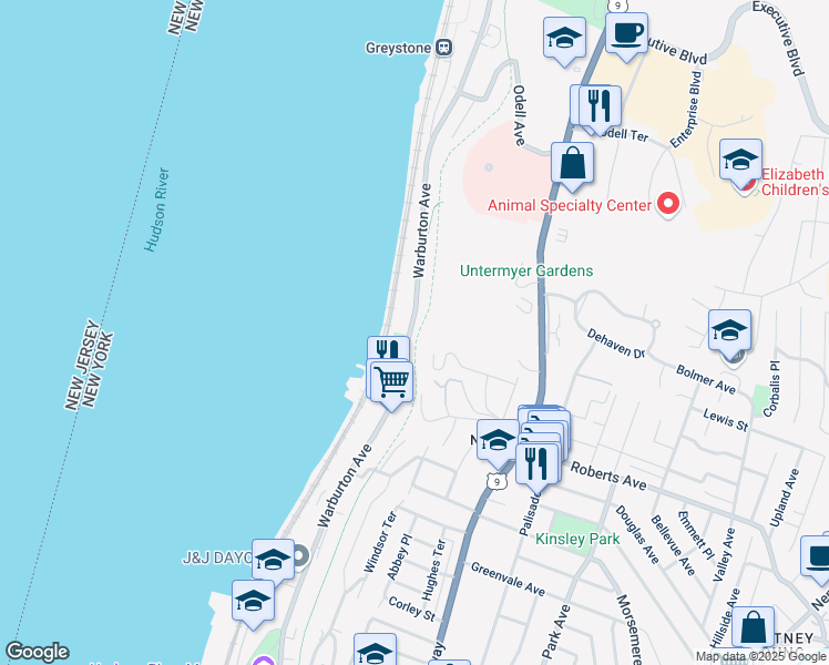 map of restaurants, bars, coffee shops, grocery stores, and more near Old Croton Trailway State Park in Yonkers
