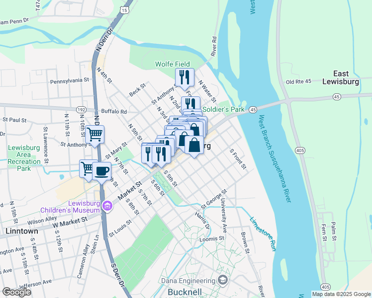 map of restaurants, bars, coffee shops, grocery stores, and more near 25 North 3rd Street in Lewisburg