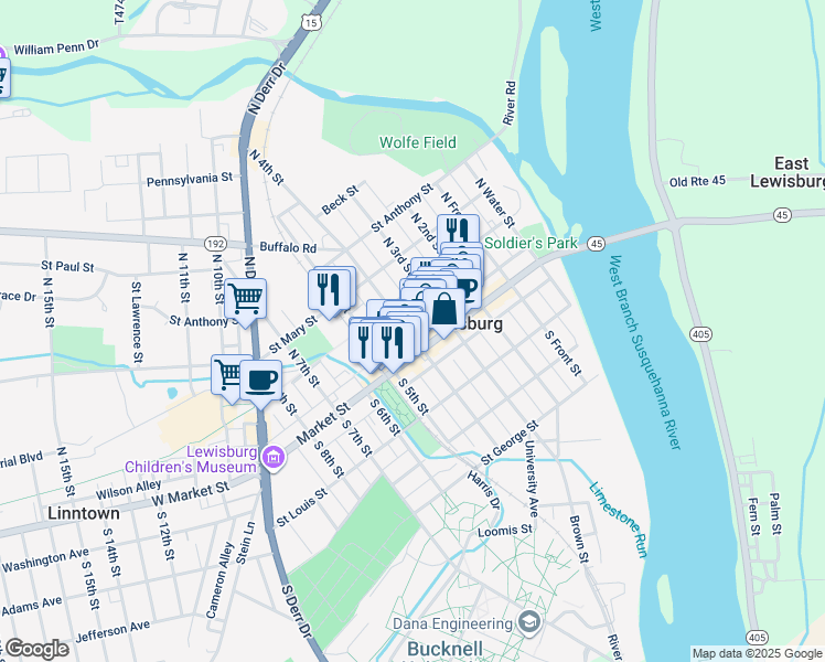 map of restaurants, bars, coffee shops, grocery stores, and more near 22 North 4th Street in Lewisburg