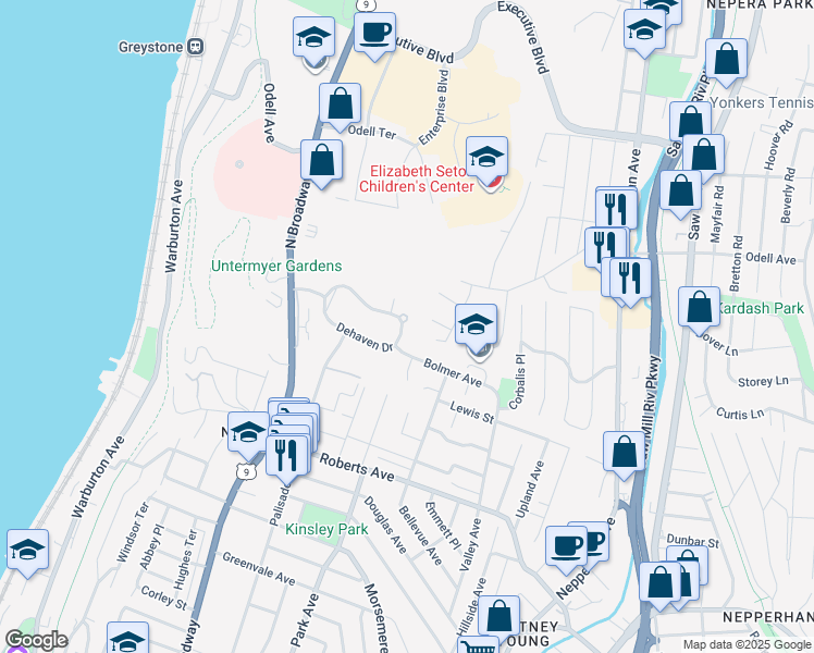 map of restaurants, bars, coffee shops, grocery stores, and more near 98 Dehaven Drive in Yonkers
