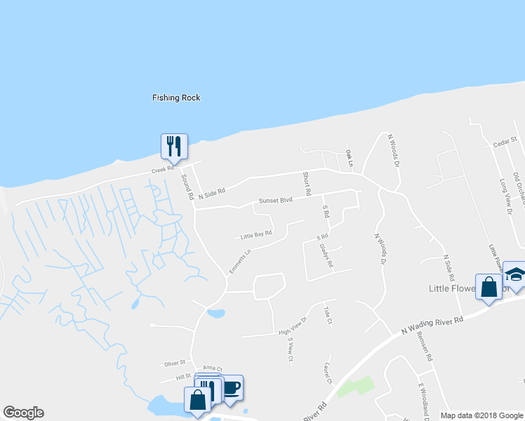 map of restaurants, bars, coffee shops, grocery stores, and more near 17 Little Bay Road in Wading River