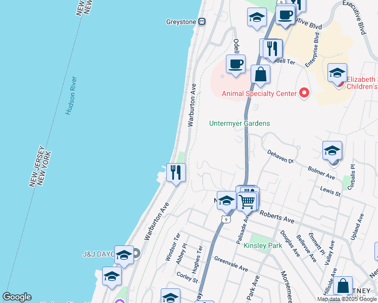 map of restaurants, bars, coffee shops, grocery stores, and more near Old Croton Trailway State Park in Yonkers