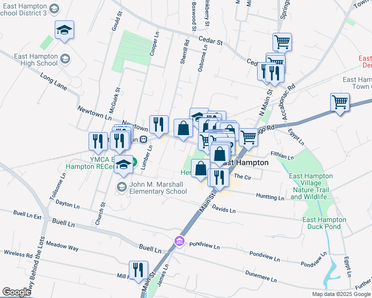 map of restaurants, bars, coffee shops, grocery stores, and more near 87 Newtown Lane in East Hampton