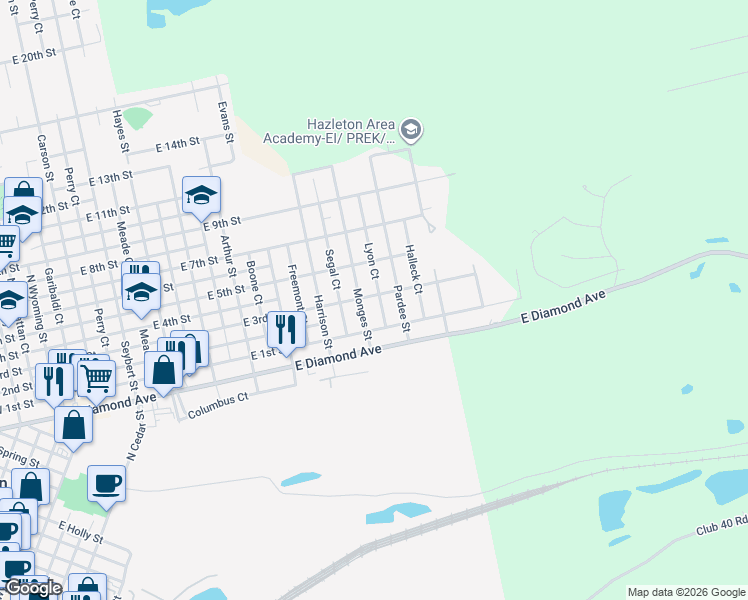 map of restaurants, bars, coffee shops, grocery stores, and more near 597 Monges St in Hazleton