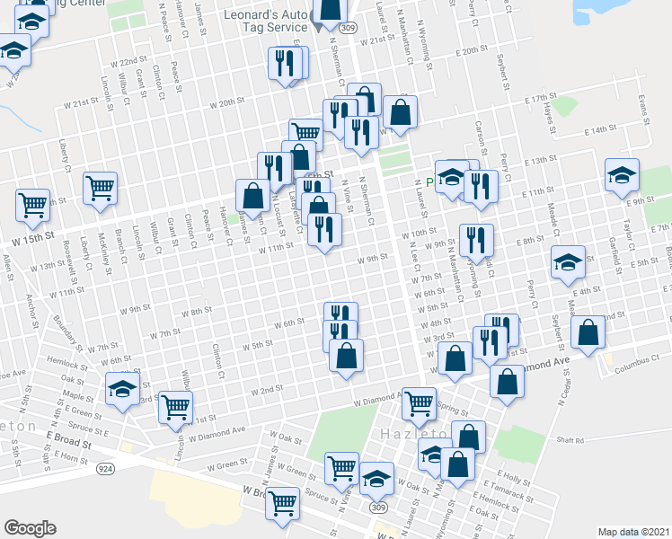 map of restaurants, bars, coffee shops, grocery stores, and more near 661 Alter Street in Hazleton