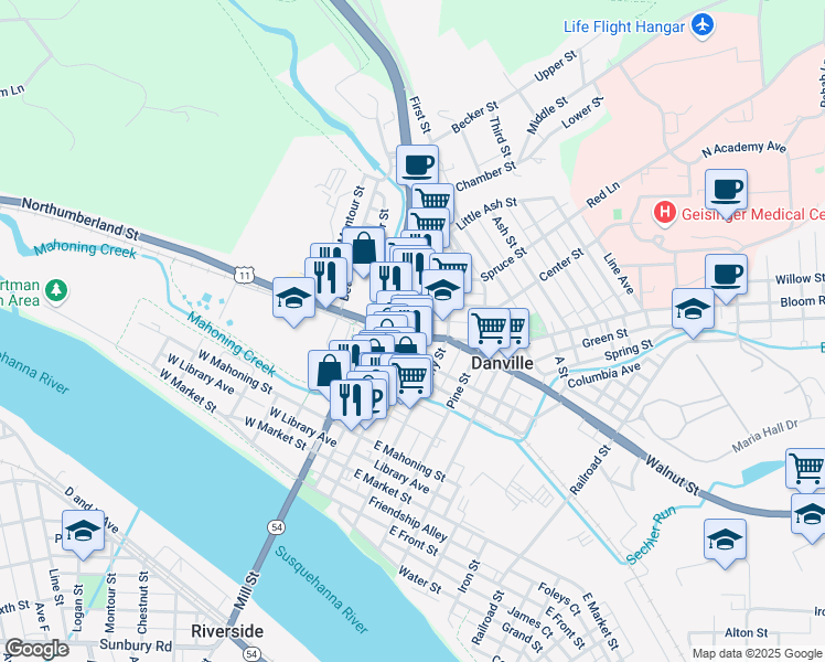 map of restaurants, bars, coffee shops, grocery stores, and more near 3 Bloom Street in Danville