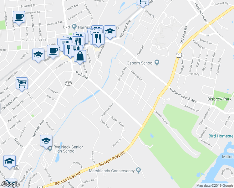 map of restaurants, bars, coffee shops, grocery stores, and more near 70 Florence Avenue in Rye