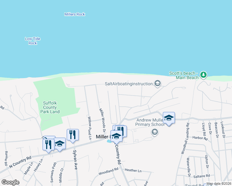 map of restaurants, bars, coffee shops, grocery stores, and more near 49 Grandview Boulevard in Miller Place
