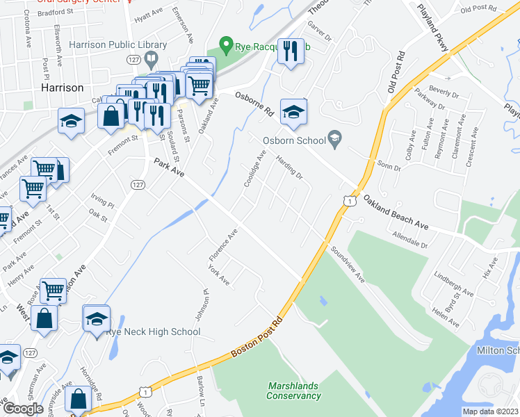 map of restaurants, bars, coffee shops, grocery stores, and more near 63 Florence Avenue in Rye