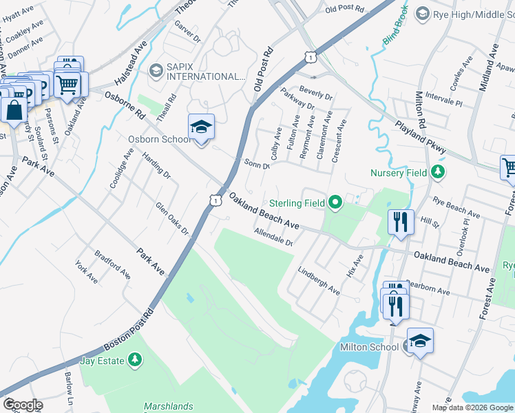 map of restaurants, bars, coffee shops, grocery stores, and more near 3 Franklin Avenue in Rye
