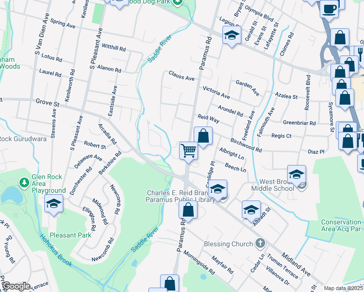 map of restaurants, bars, coffee shops, grocery stores, and more near 567 Paramus Road in Paramus