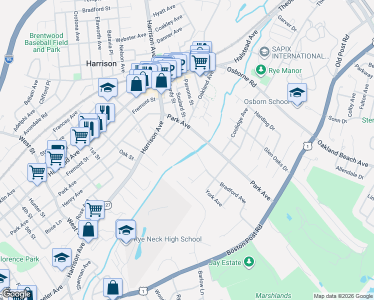 map of restaurants, bars, coffee shops, grocery stores, and more near 19 Bradford Avenue in Harrison