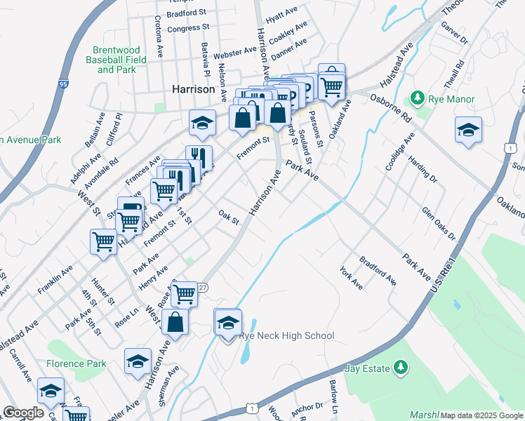 map of restaurants, bars, coffee shops, grocery stores, and more near 145 Harrison Avenue in Harrison