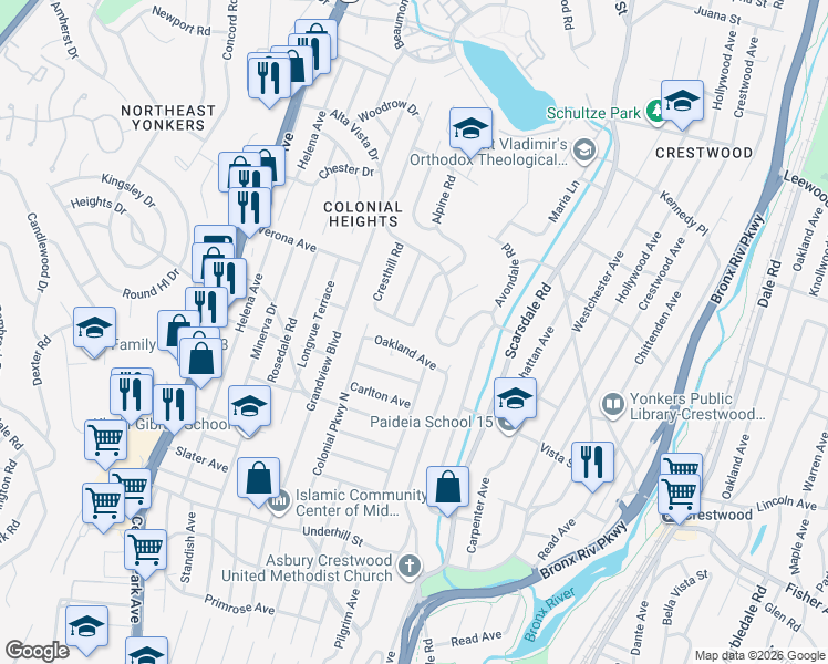 map of restaurants, bars, coffee shops, grocery stores, and more near 52 Ridgeland Road in Yonkers