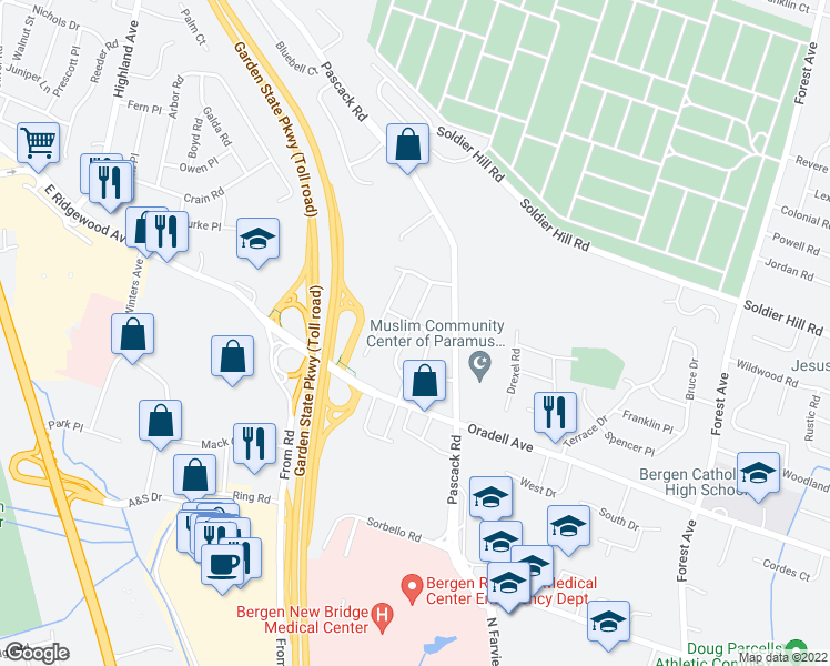 map of restaurants, bars, coffee shops, grocery stores, and more near 676 Cambridge Road in Paramus