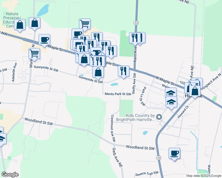 map of restaurants, bars, coffee shops, grocery stores, and more near 228 Sunnyside Street Southwest in Hartville