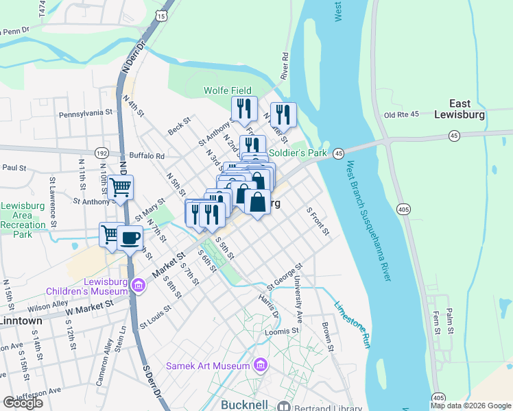 map of restaurants, bars, coffee shops, grocery stores, and more near in Lewisburg