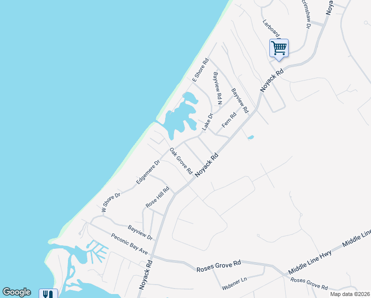 map of restaurants, bars, coffee shops, grocery stores, and more near 7 Lake Drive in Southampton