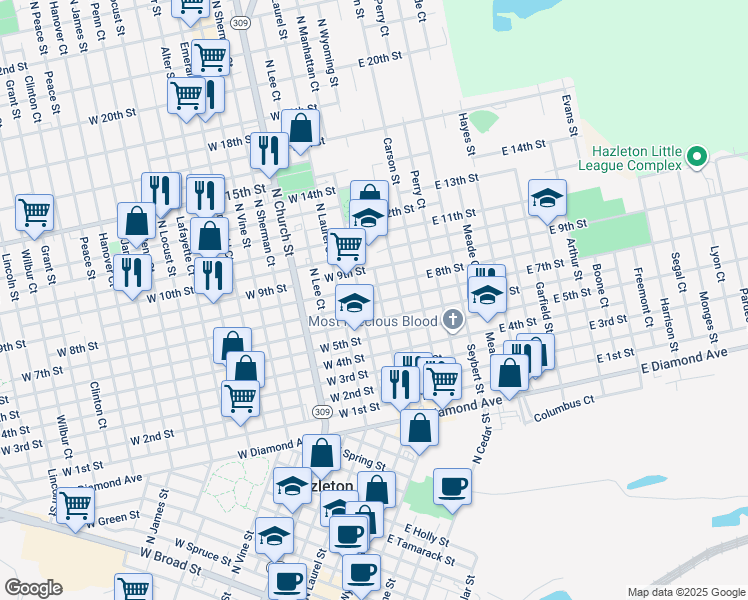 map of restaurants, bars, coffee shops, grocery stores, and more near 652 North Wyoming Street in Hazleton