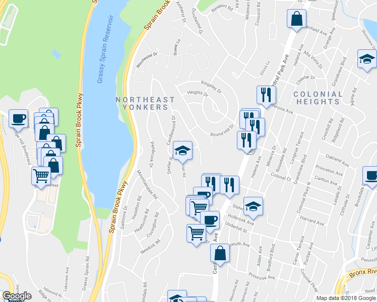 map of restaurants, bars, coffee shops, grocery stores, and more near 52 Dexter Road in Yonkers